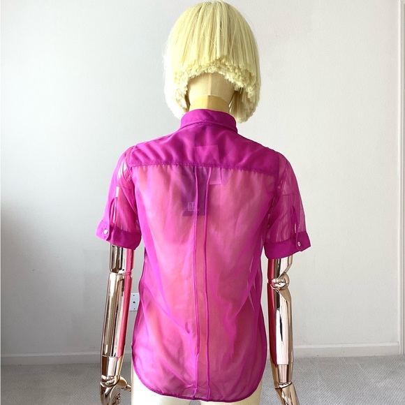 No. 21 Pink Mesh Semi Sheer Short Sleeve Button Down Shirt Top - Picture 3 of 6
